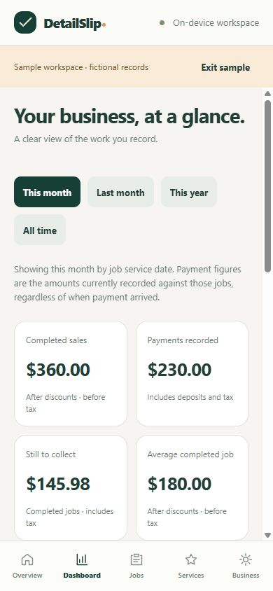 DetailSlip dashboard with fictional sample jobs: completed sales, payments recorded and balances.